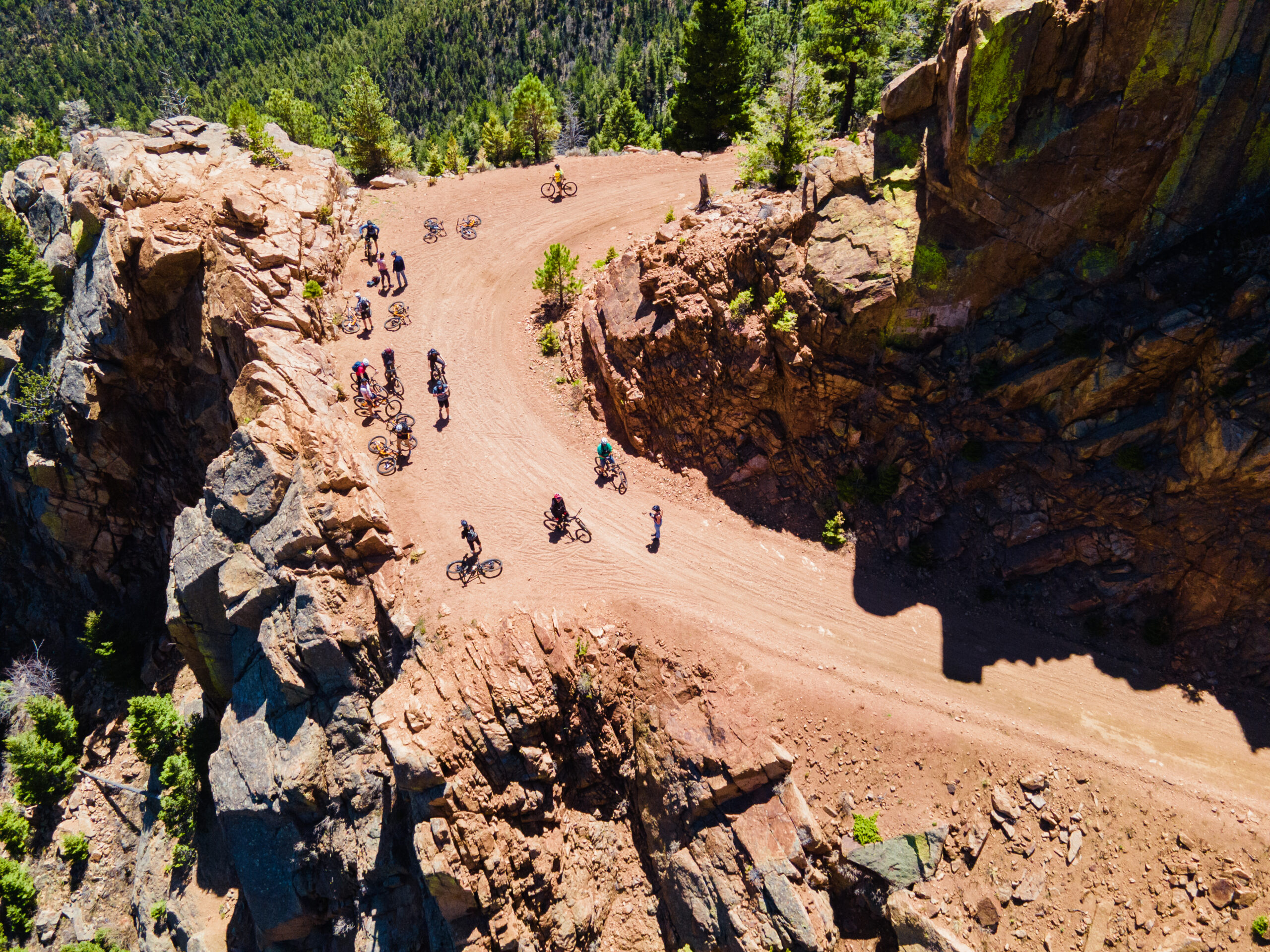 Aerial view of guided bike tour group on Gold Camp Road Colorado Springs
